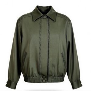 Suzelle Wool Jacket Size 12 Embroidered Full Front Zipper Buttons Pockets Green